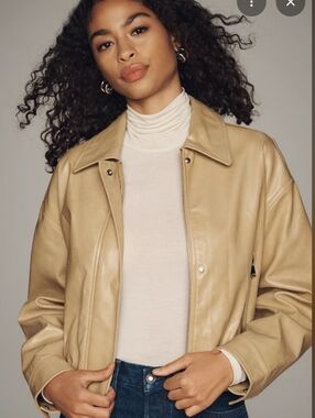 Maeve M Faux Leather Deep V Bomber Jacket In Brown